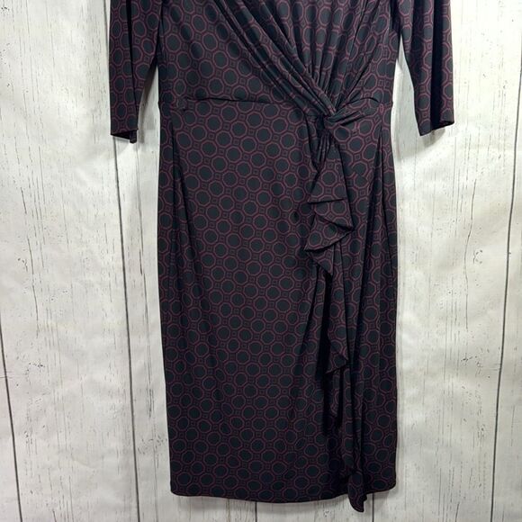 Lauren Ralph Lauren Knot Ruffle Ruched Black Burgundy 3/4 Sleeves Midi Dress - Picture 10 of 15